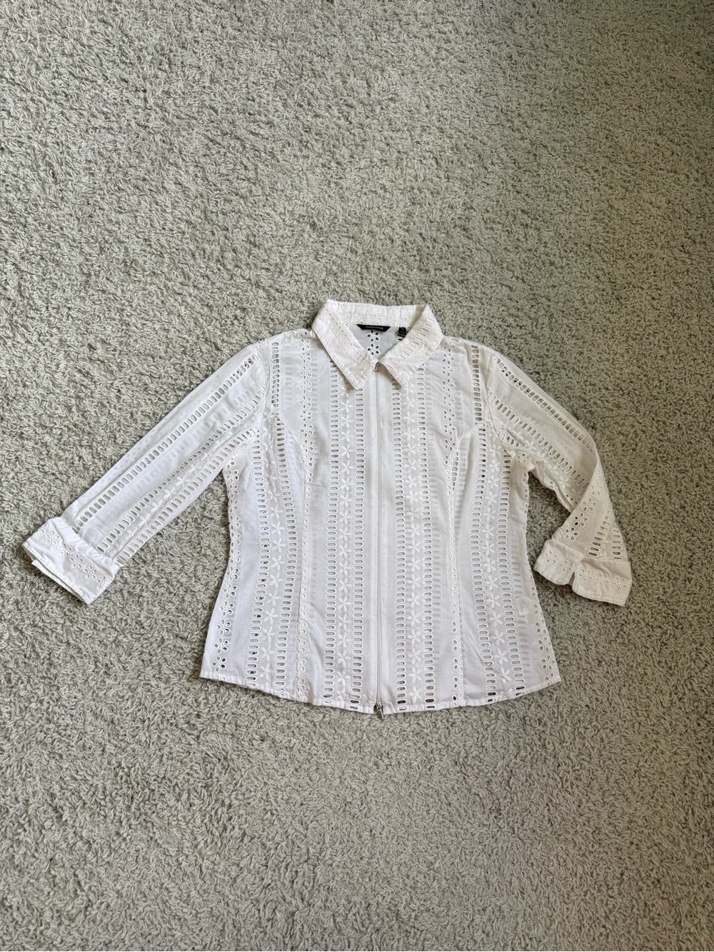 White Zip-Up Jacket by Samuel Dong 3/4 Sleeve Broderie Anglaise Top Sz XL
